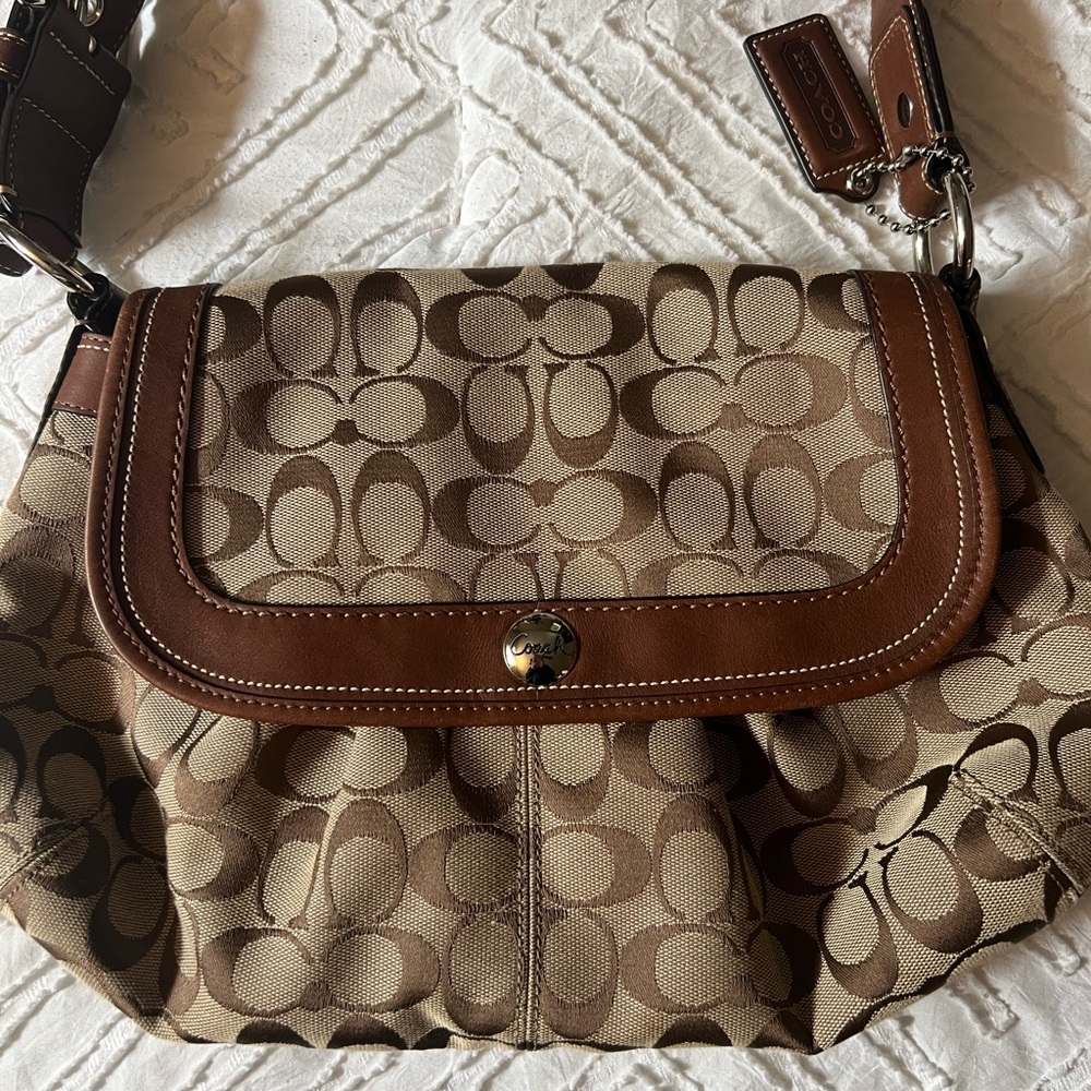 Coach Brown Monogram Shoulder Bag with Leather Trim